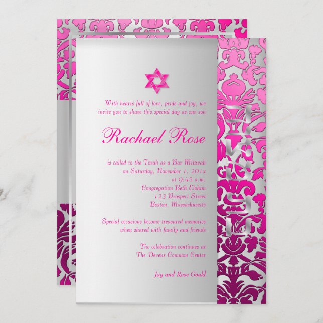 PixDezines DIY flora Damask/Mitzvah/rosa/silver Inbjudningar (Fram/baksida)