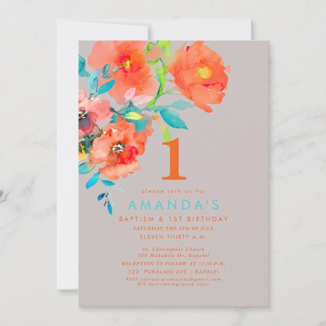 PixDezines Dopning+ 1-årsdag Vattenfärg Blommor Inbjudningar (Framsida)