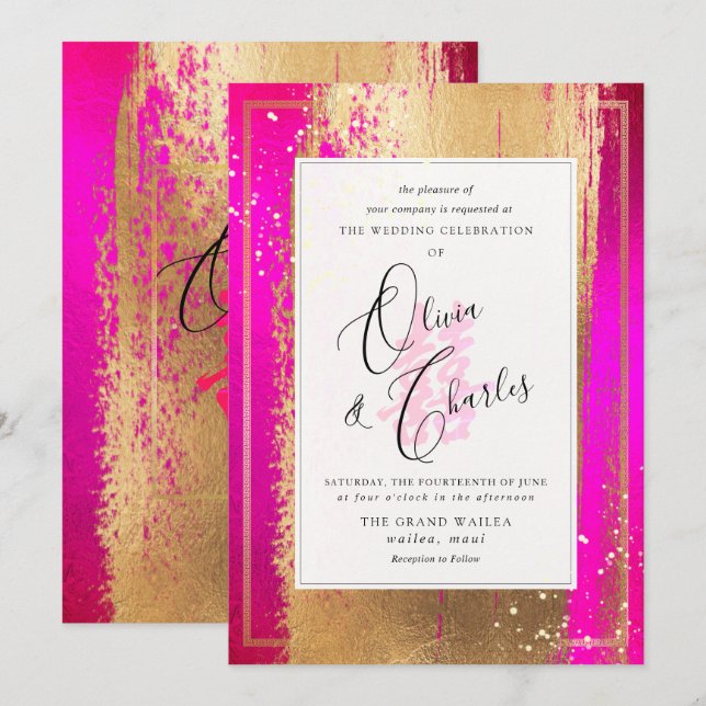 PixDezines Dubbel lycka, Faux Guld Hot Pink Inbjudningar (Fram/baksida)