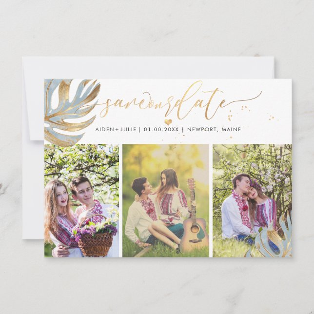 PixDezines Dusty Blue Monstera Faux Metallic Spara Datumet (Framsida)