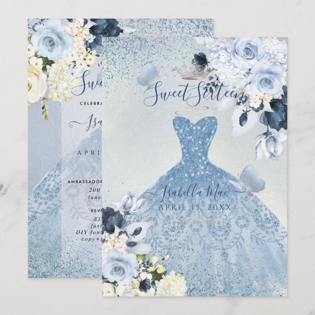 PixDezines Dusty Blue Ro Sweet sixteen Inbjudningar (Fram/baksida)