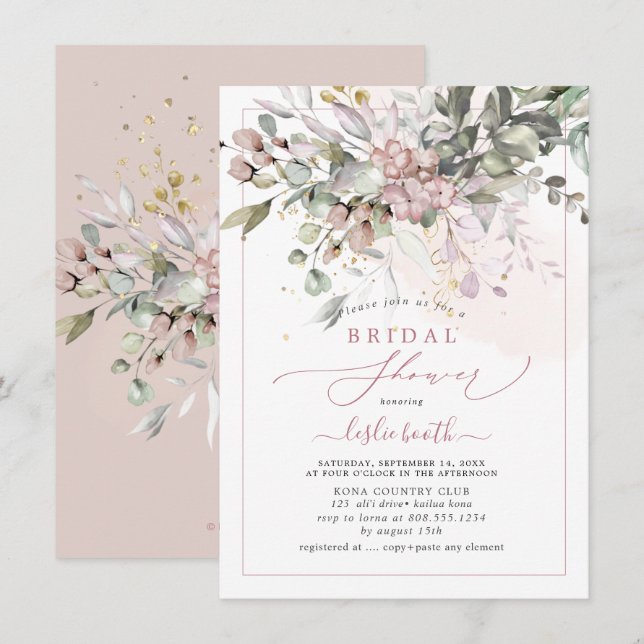 PixDezines Dusty Rosa Gum Eucalyptus Möhippa Inbjudningar (Fram/baksida)