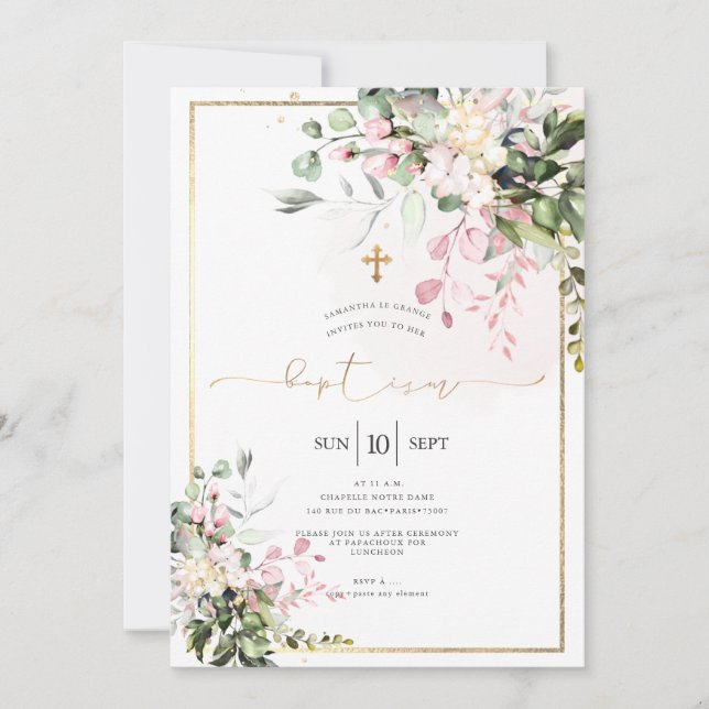 PixDezines Dusty Rosa, Rustic Watercolor Baptism Inbjudningar (Framsida)
