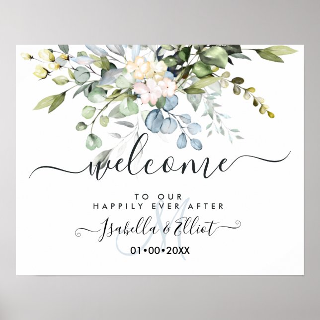 PixDezines Elegant Blå Eukalyptus Välkommen Poster (Framsidan)
