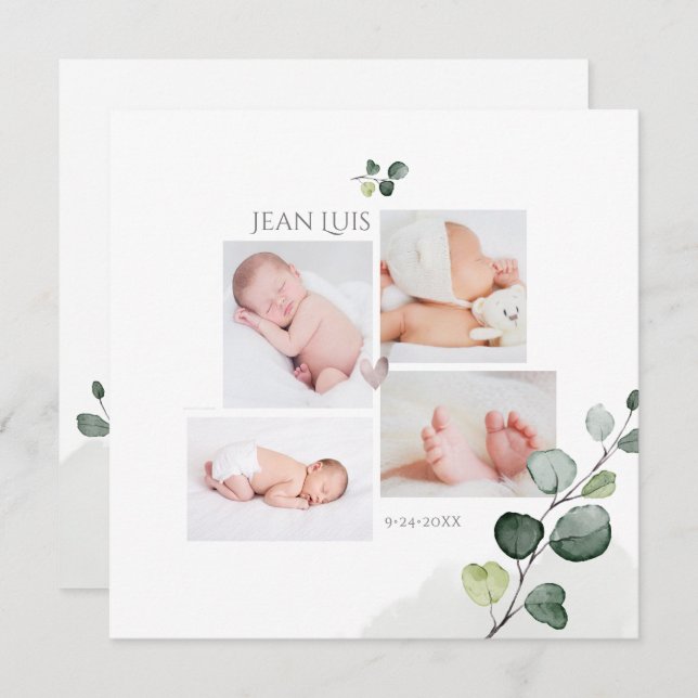 PixDezines Eucalyptus Simple Birth Notice Inbjudningar (Fram/baksida)
