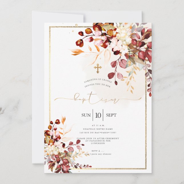 PixDezines Fall Foliage Rustic Watercolor Baptism Inbjudningar (Framsida)