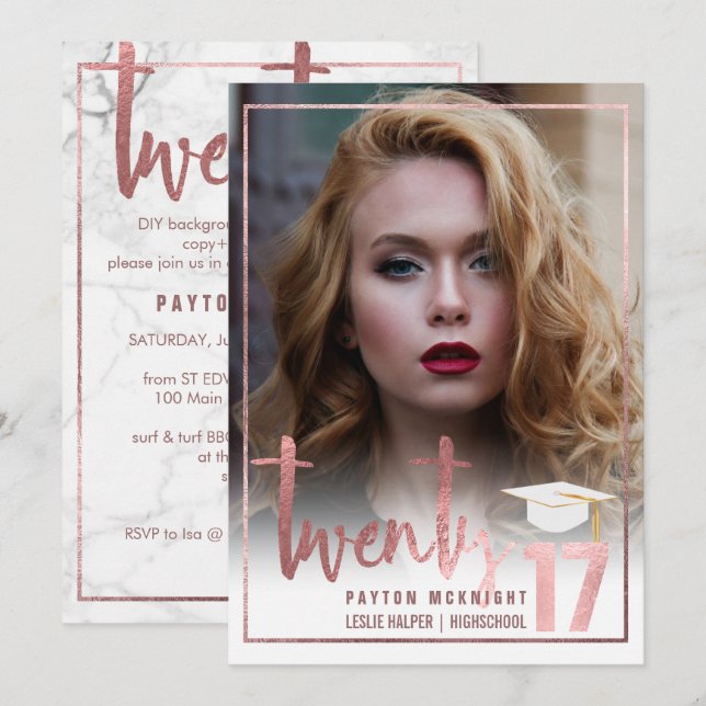 PixDezines Fals Rosa Guld/Marmor Examen Inbjudningar (Fram/baksida)