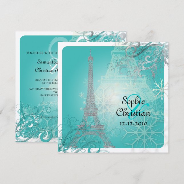 PixDezines Fals silver Eiffeltorn/Teal Inbjudningar (Fram/baksida)