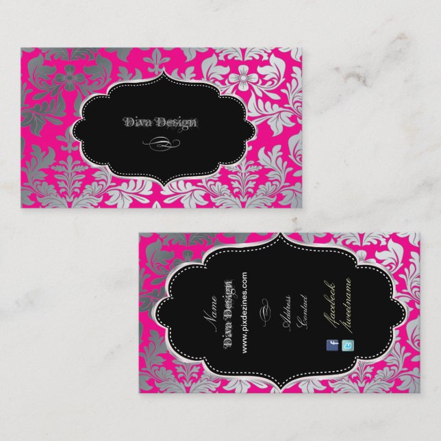 PixDezines Falsk silver barock damask varmrösafärg Visitkort (Fram/baksida)