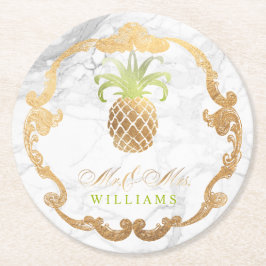 PixDezines Falska Guld Ananas+Vit Marmor Underlägg Papper Rund