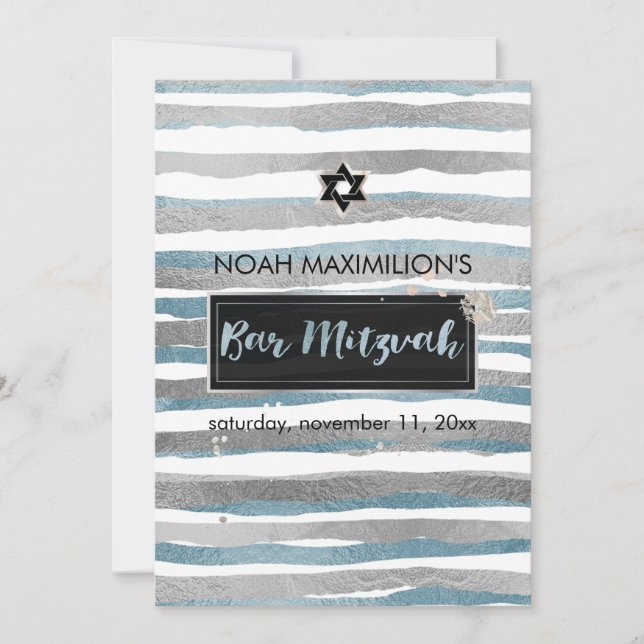PixDezines falska silver/blå/ränder bar mitzvah Inbjudningar (Framsida)