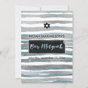 PixDezines falska silver/blå/ränder bar mitzvah Inbjudningar