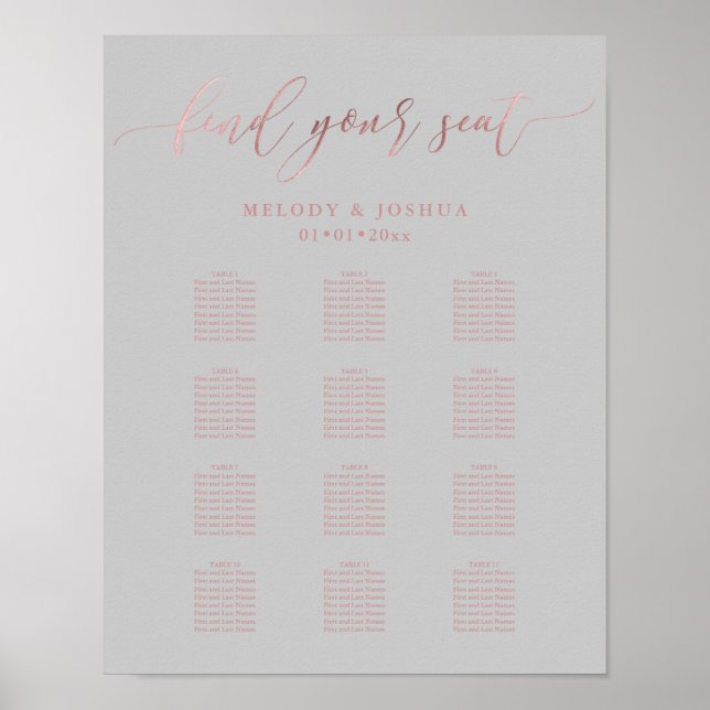 PixDezines Falskt Rosa Guld Script, Sittplatsschem Poster (Framsidan)