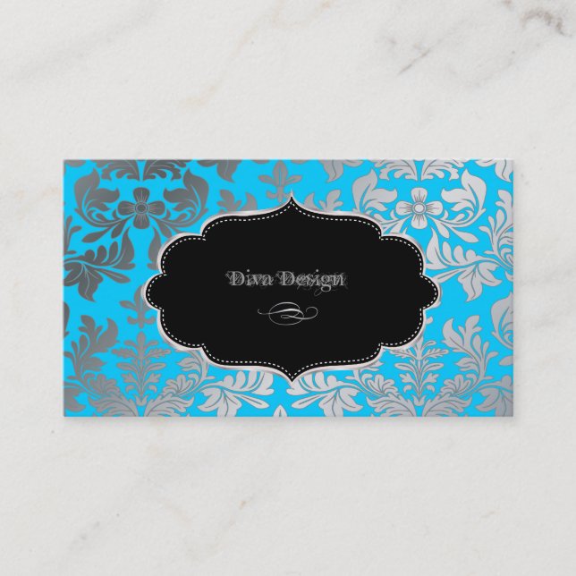 PixDezines Falskt silver barock damask aqua blå Visitkort (Framsida)