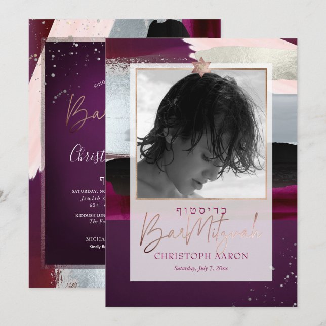 PixDezines Färgblock Falskt Silver Bar Mitsva Inbjudningar (Fram/baksida)