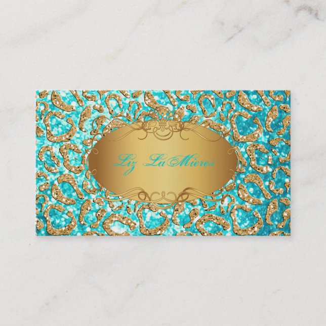 PixDezines faux glitter jaguar/teal+guld Visitkort (Framsida)