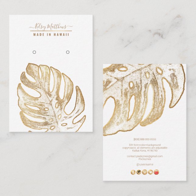 PixDezines Faux Gold Tropical Leaves Earrings Visitkort (Fram/baksida)