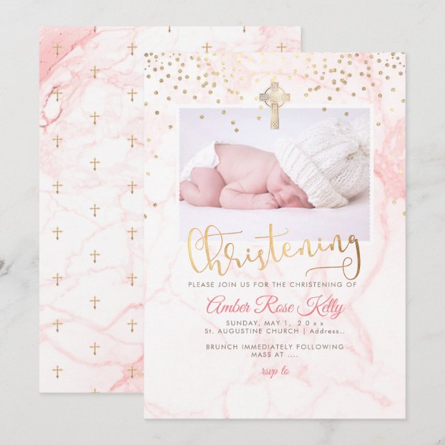 PixDezines Faux Guld Confetti+Marble Christening Inbjudningar (Fram/baksida)