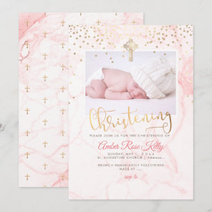 PixDezines Faux Guld Confetti+Marble Christening Inbjudningar