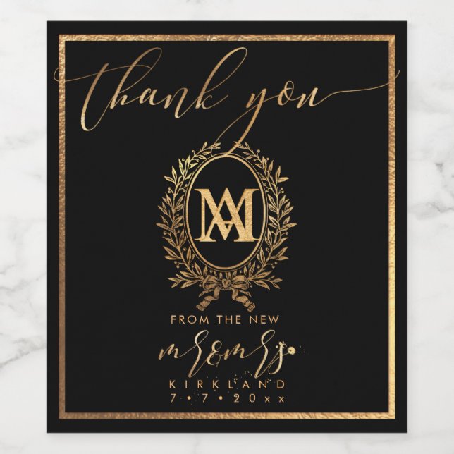 PixDezines Faux Guld Monogram+Laurel Wandeans Vinflaska Etikett (Singel etikett)