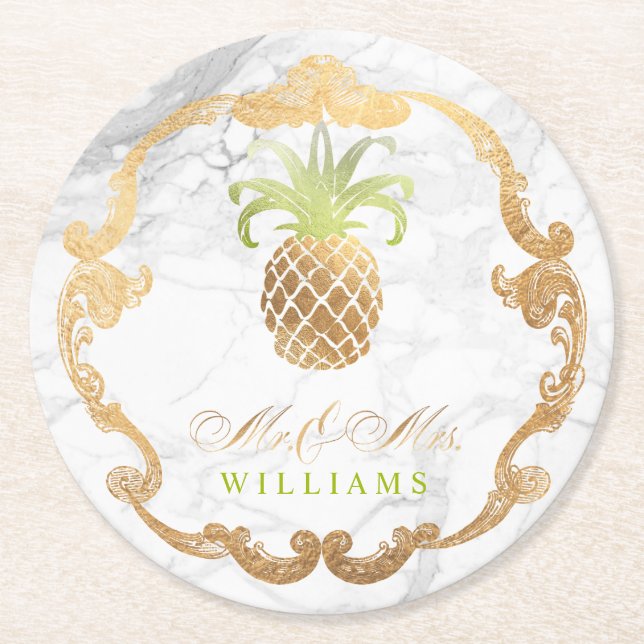 PixDezines Faux Guld Pineapples+White Marble Underlägg Papper Rund (Framsidan)