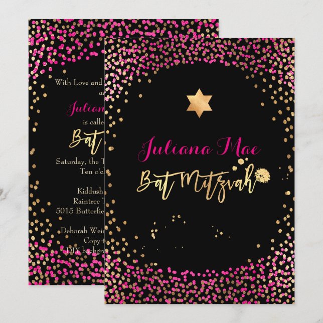 PixDezines Faux Guld+Shock rosa Confetti Bat mitzv Inbjudningar (Fram/baksida)