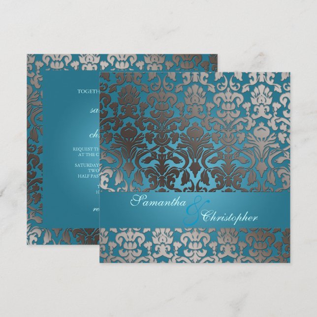 PixDezines faux platinum flora damask/teal Inbjudningar (Fram/baksida)