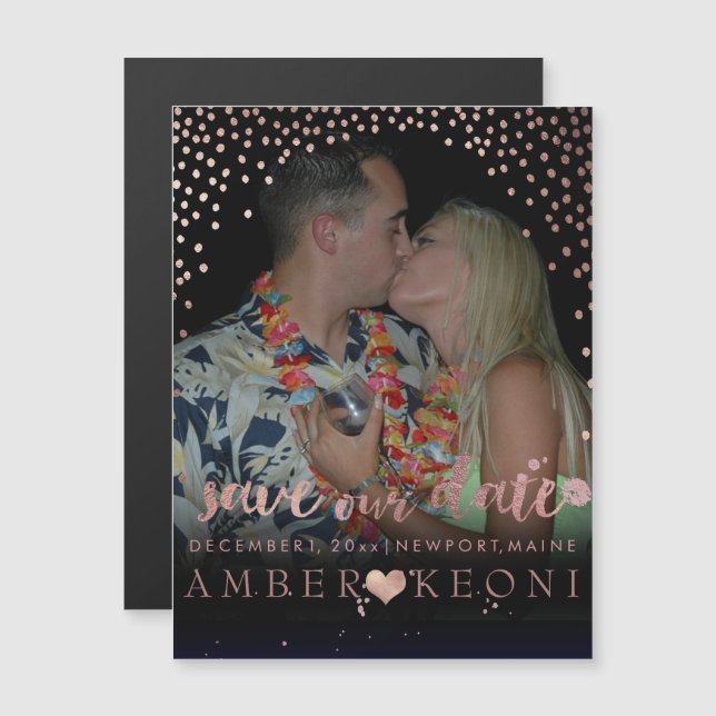 PixDezines Faux Ro Guld confetti/Heart/Spara Date Magnetisk Inbjudningskort (Fram/baksida)