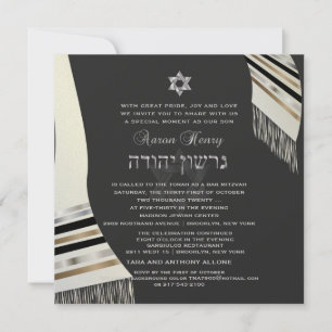 PixDezines faux silke tallit mitzvah black+silver Inbjudningar