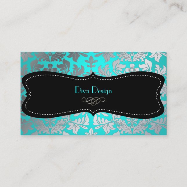 PixDezines Faux silver baroque damask aqua Visitkort (Framsida)
