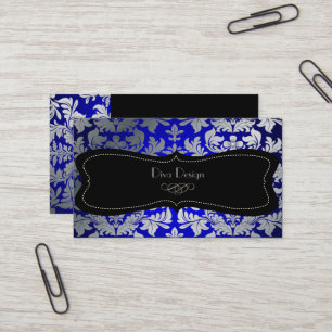 PixDezines faux silver baroque damask blue/black Visitkort