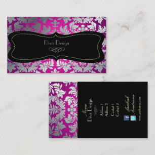 PixDezines faux silver baroque damask+jewel Visitkort