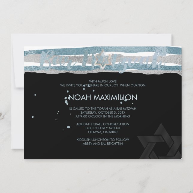 PixDezines faux silver/blue/rand pub mitzvah Inbjudningar (Baksida)