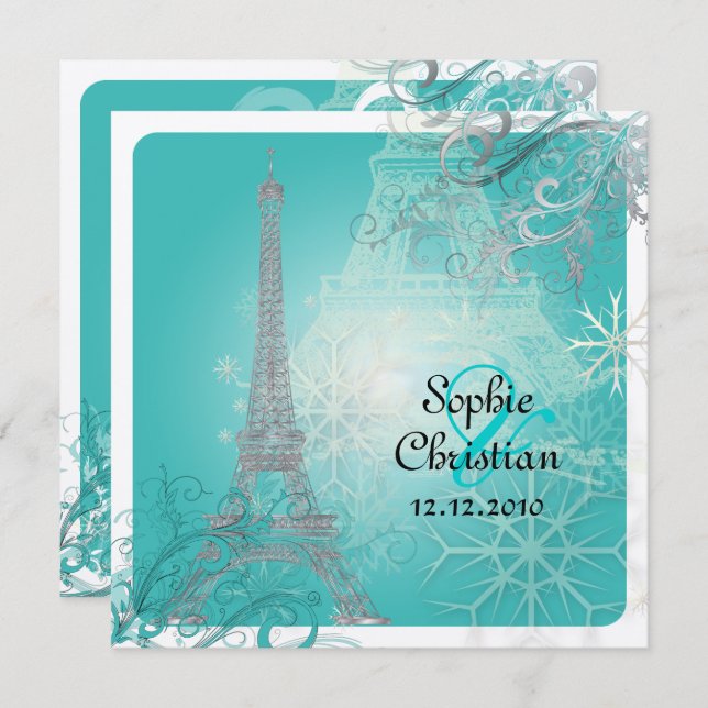 PixDezines Faux Silver Eiffel Torn/Teal Inbjudningar (Fram/baksida)