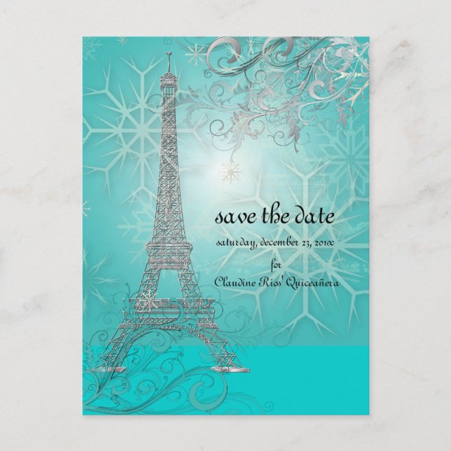 PixDezines Faux Silver Eiffel Torn/Teal Meddelande Vykort (Framsida)