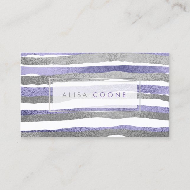 PixDezines faux silver+lila foil rand Visitkort (Framsida)