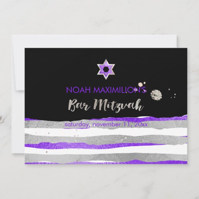 PixDezines faux silver/lila/rand pub mitzvah Inbjudningar (Framsida)