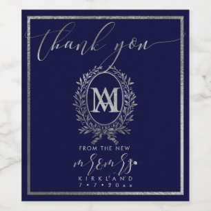 PixDezines Faux Silver Monogram+Laurel Wandeans Vinflaska Etikett