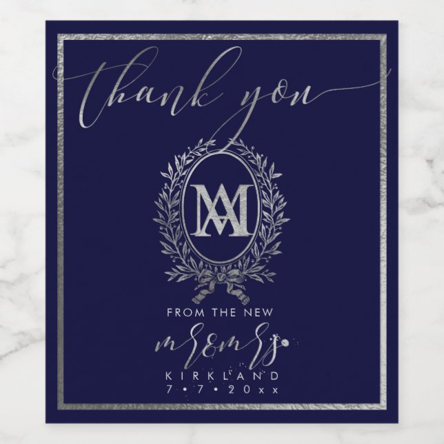 PixDezines Faux Silver Monogram+Laurel Wandeans Vinflaska Etikett (Singel etikett)