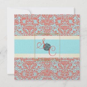 PixDezines Fidora Blå+Korall Vintage Damask Inbjudningar