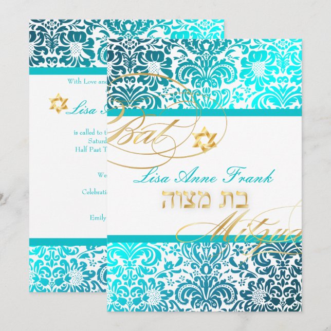 PixDezines FIDORA DAMASK BAT MITZVAH, TURKOS Inbjudningar (Fram/baksida)