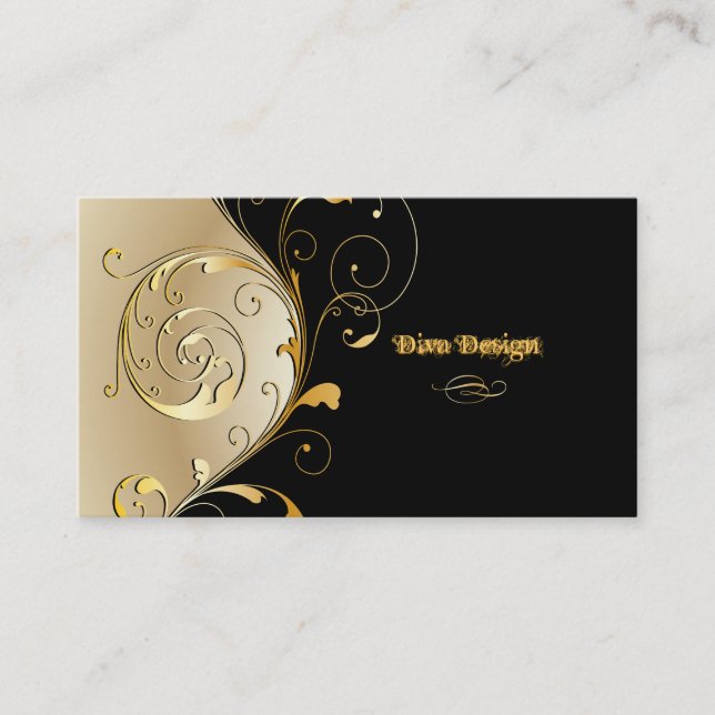 PixDezines Filigree+swirls/black+faux guld Visitkort (Framsida)