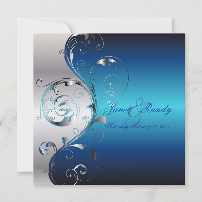 PixDezines Filigree+swirls/silver+blue Inbjudningar (Framsida)