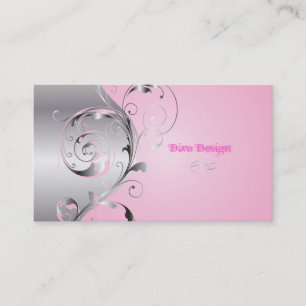 PixDezines Filigree+swirls/silver+Post rosa Visitkort