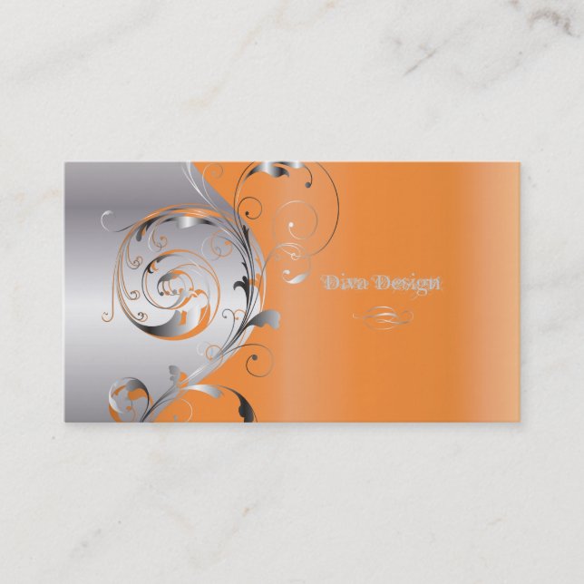PixDezines Filigree+swirls/silver+tangerin tango Visitkort (Framsida)