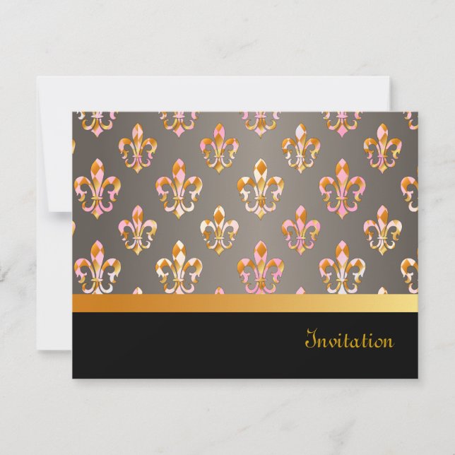PixDezines Fleur de Lis/black + guld+posh rosa Inbjudningar (Framsida)