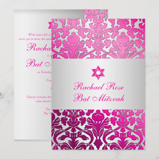 PixDezines Flora Damask Bat mitzvah/Rosa/Silver Inbjudningar (Fram/baksida)
