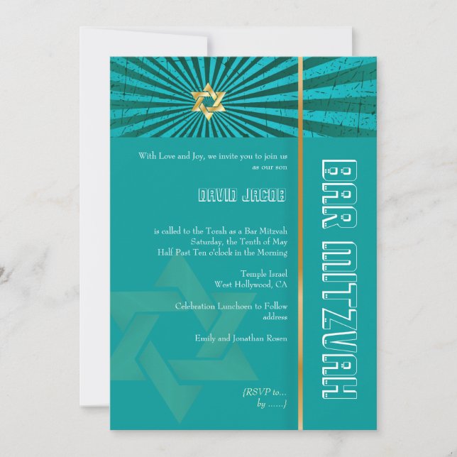 PixDezines Foto Bar Mitzvah/teal/falskt guld Inbjudningar (Framsida)