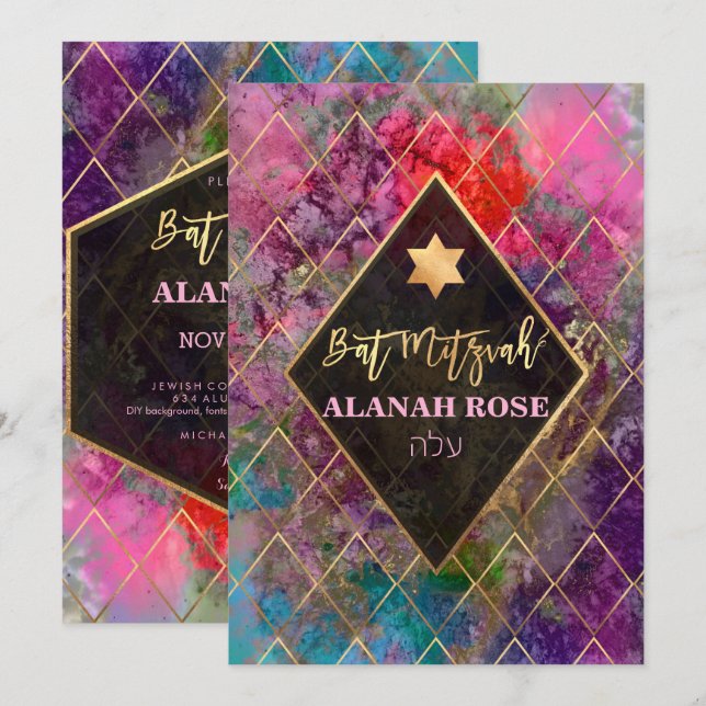 PixDezines Galaxy Abstrakt Geometric Bat mitzvah Inbjudningar (Fram/baksida)