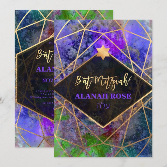 PixDezines Galaxy Abstrakt Geometrisk Bat Mitzvah Inbjudningar (Fram/baksida)